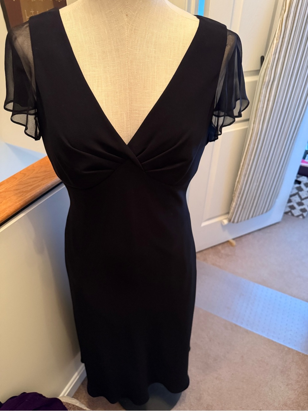 Jones New York Black V-Neck Midi Dress with Sheer Flutter Sleeves